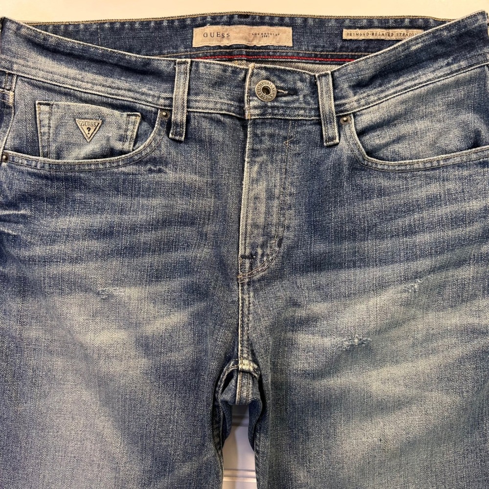 Y2K GUESS Desmond Relaxed Straight Jeans Mens 34x32 (FIT 34x34) Blue Distressed
